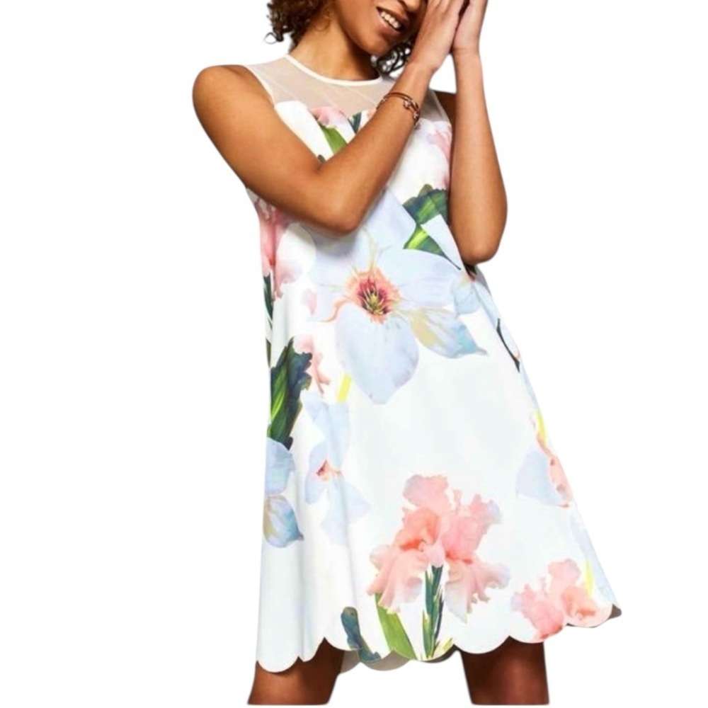 Ted Baker Caprila Bloom Scalloped Dress White Floral Size 6